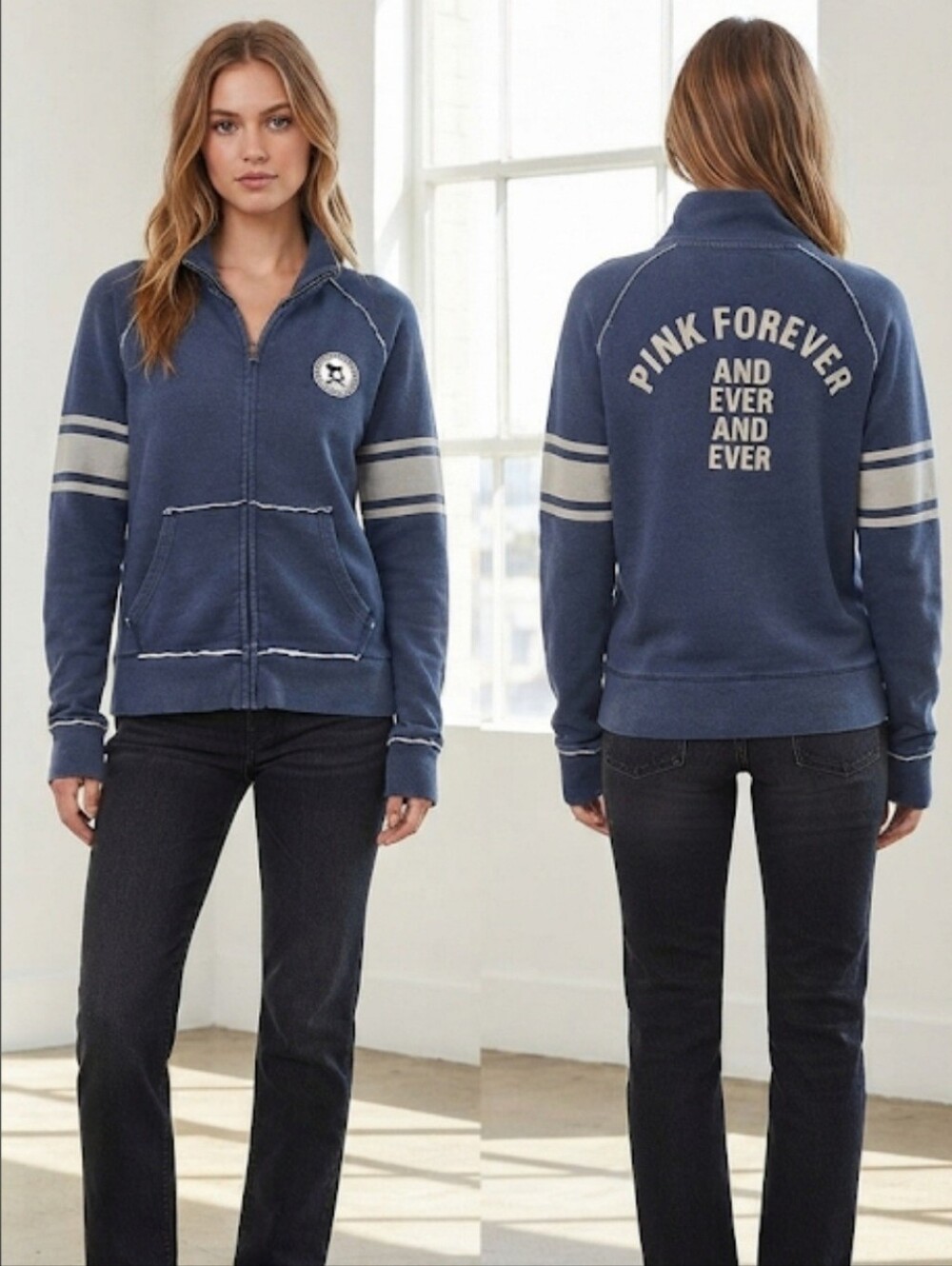 RARE Vintage Y2K VS PINK Navy Blue Varsity Zip Up Jacket Dog Patch Size Large